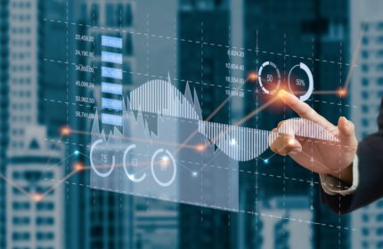 business chart and graph. Businessman touching virtual hologram. business technology concept